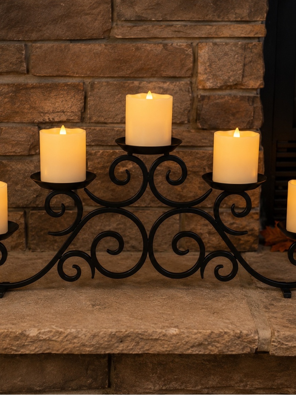 PartyLite Black Scroll Metal Candle Holder with Ivory LED Pillars